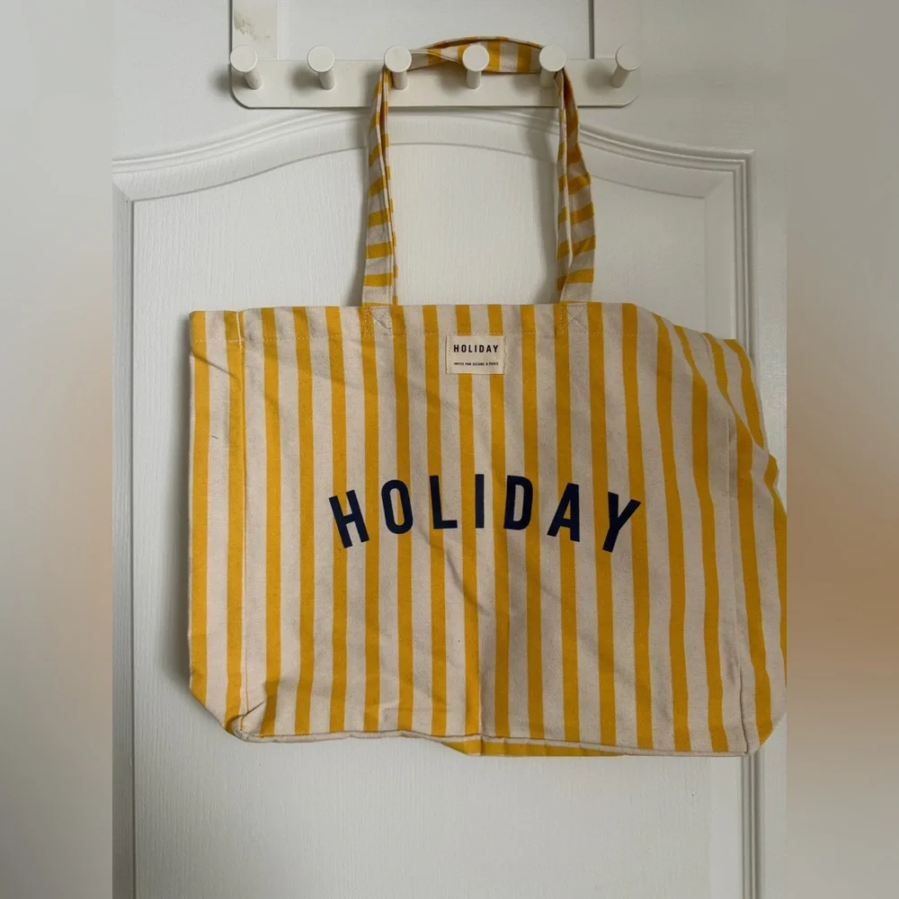 Brand New Sezane Yellow and White Striped Holiday Canvas Tote
